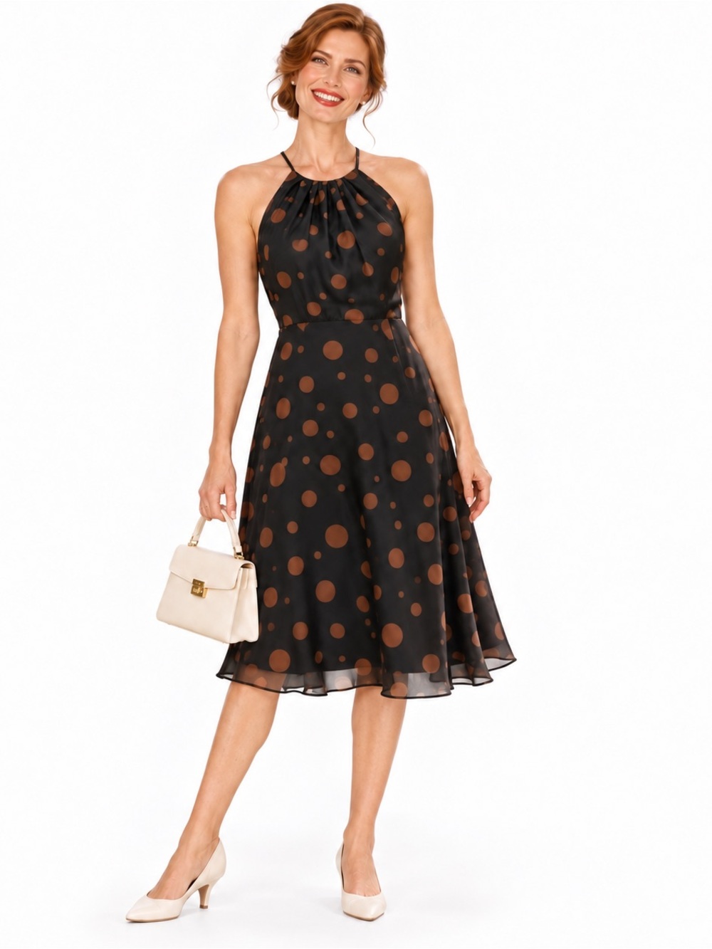 Jones Wear Dress Size 12 Polka Dot Halter Midi Black Brown